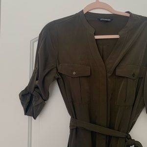 Express Olive Green Tie Waist Utility Dres…